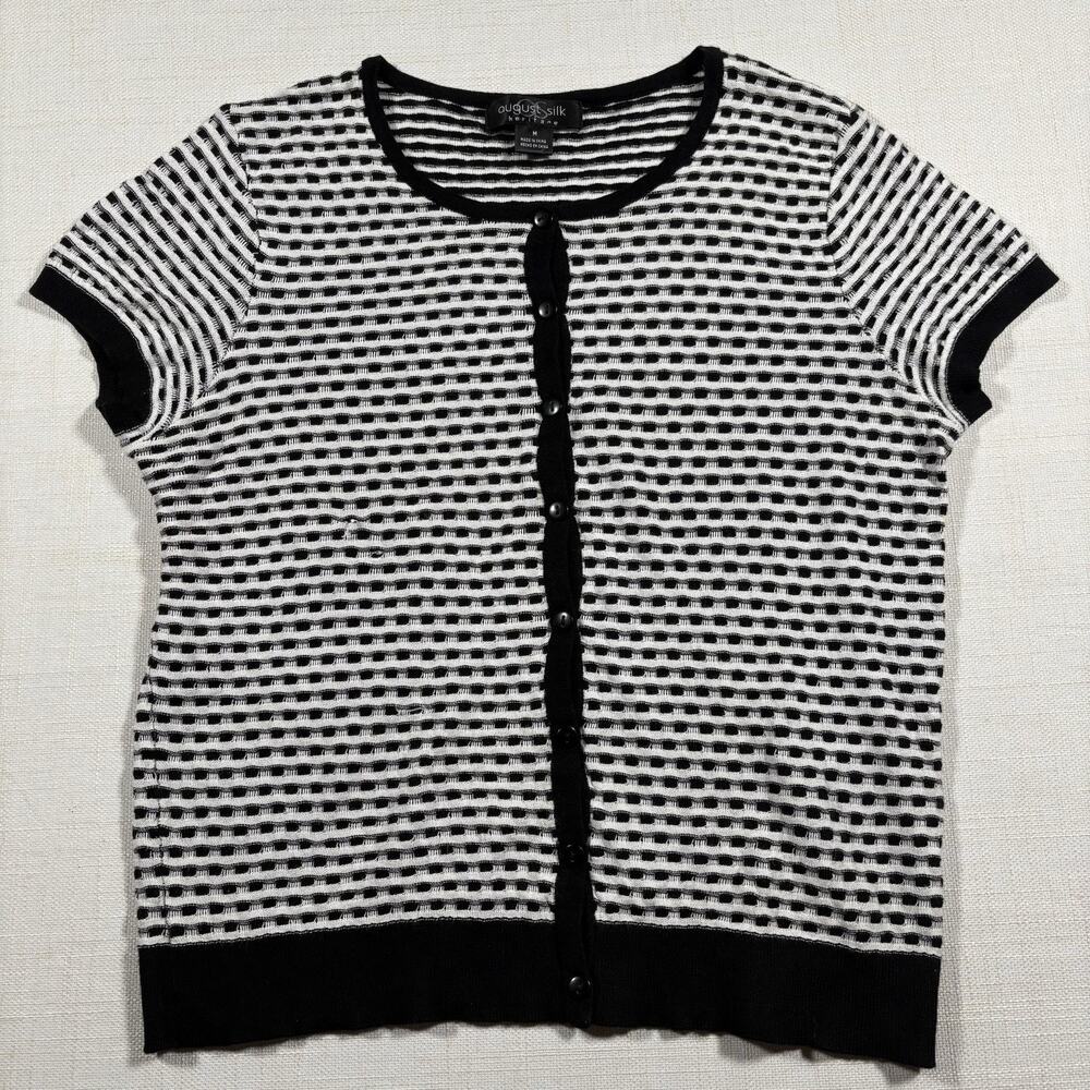 August Silk Womens Black White Textured Short Sleeve Button Front Cardigan Top M